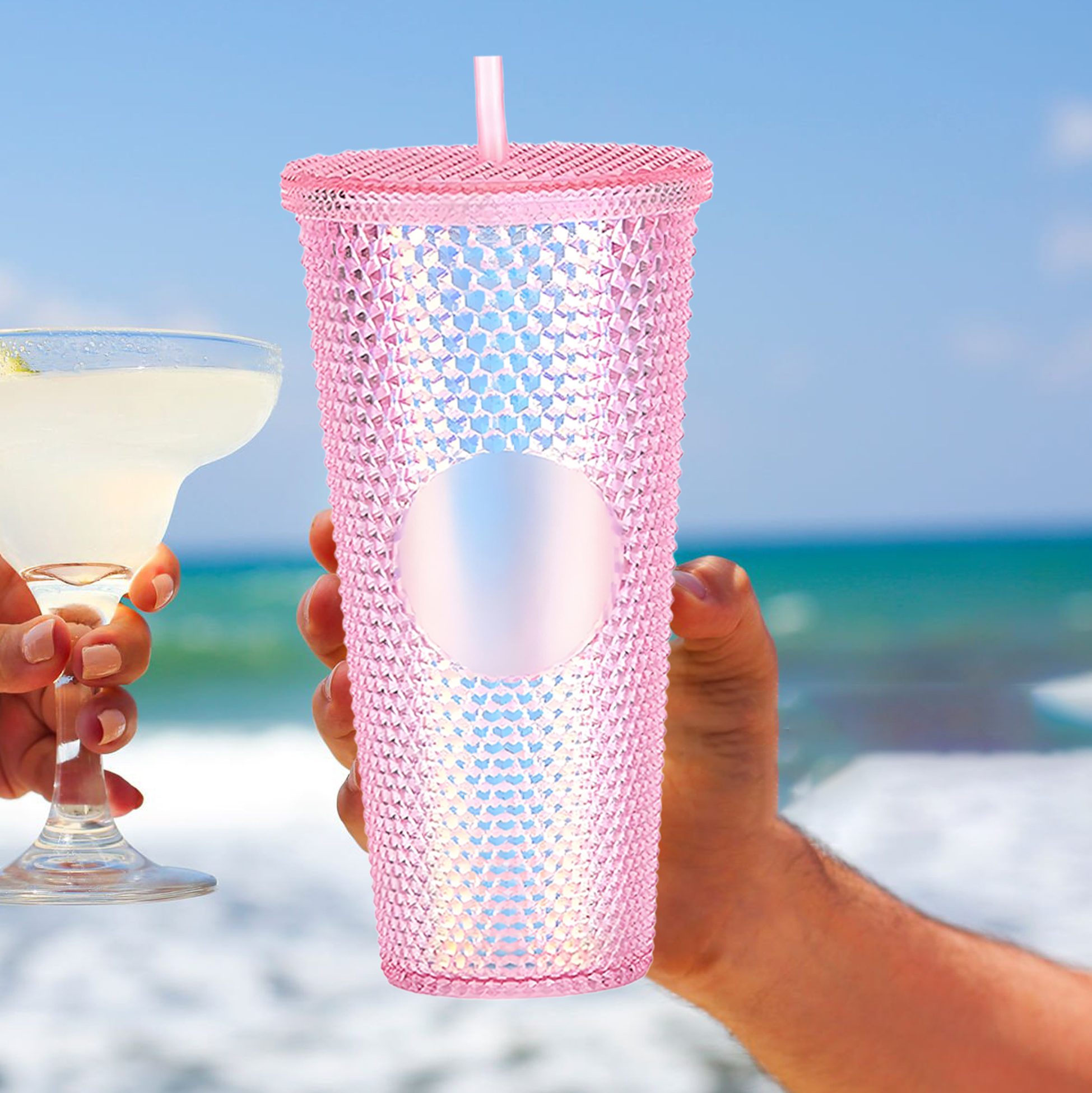 Rhinestone Studded Pink Tumbler Set with Heart Keychain