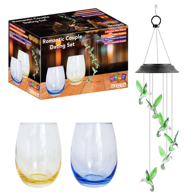 Hummingbird Wind Chime & Color Tinted Wine Glass Set