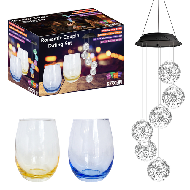 Romantic Globe Wind Chime & Color Tinted Wine Glass Set