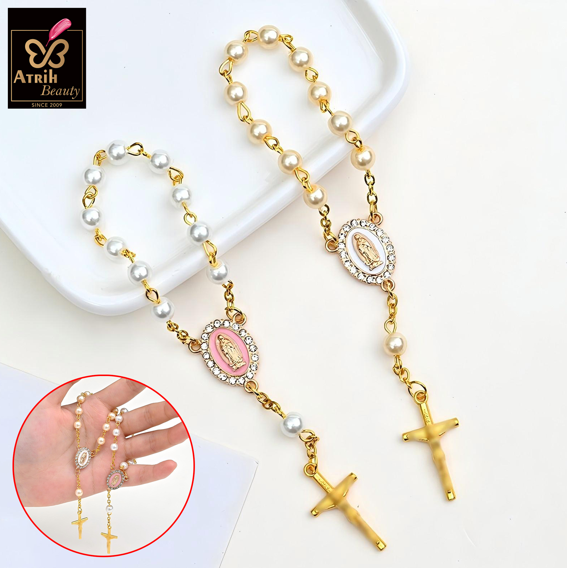 Pearl Beaded Rosary Bracelet with Gold Plated Cross And Saint Medallion