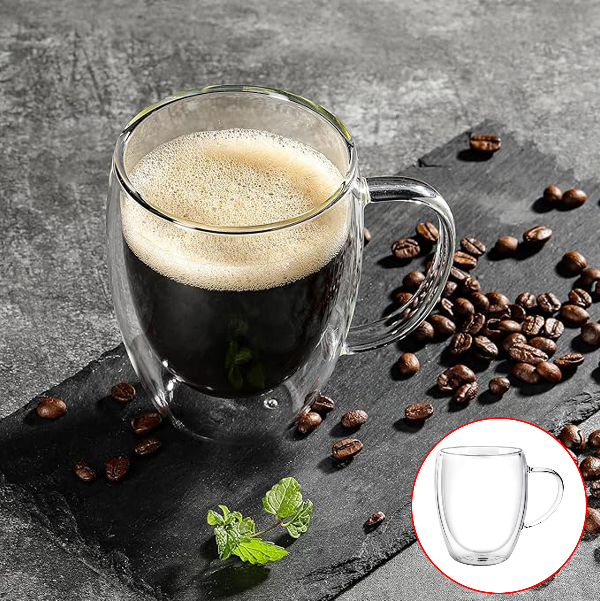250ml/300ml/400ml Double Wall Clear Glass Coffee Mug With Handle
