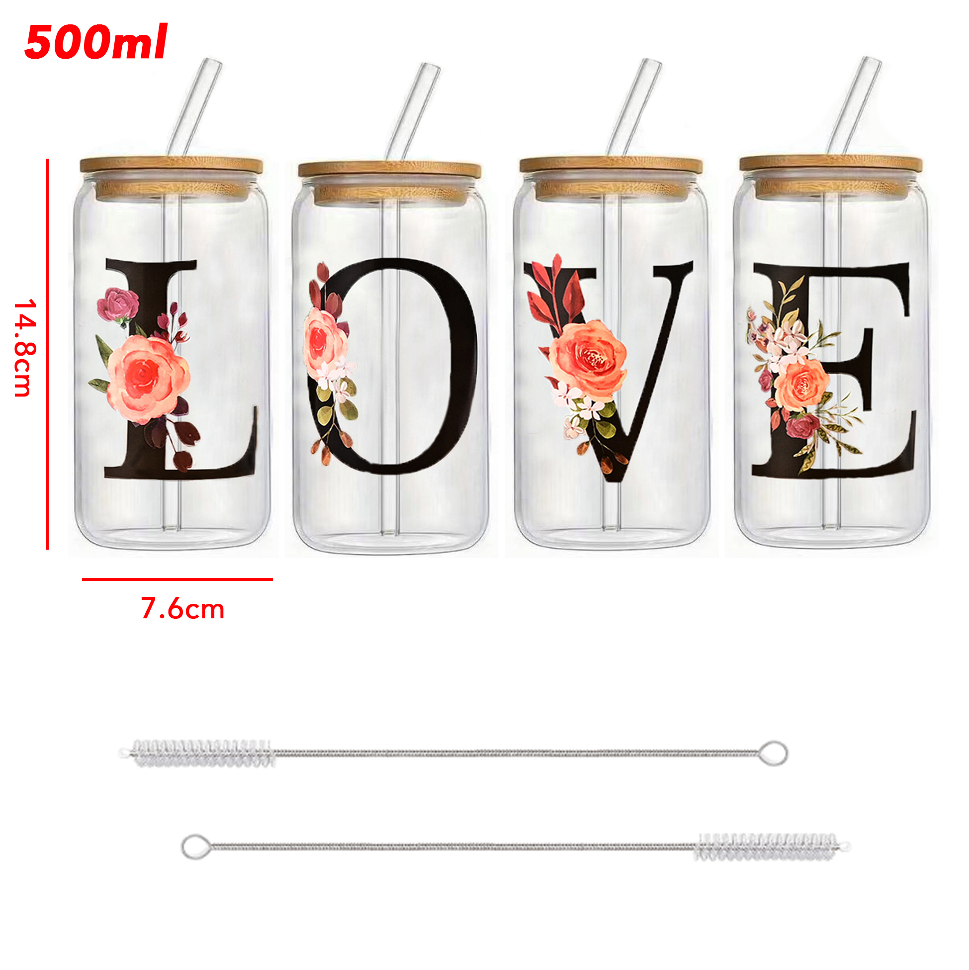 "LOVE" Floral Glass Tumbler Set with Bamboo Lids & Straws