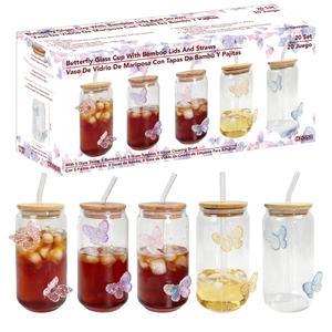 Butterfly Decor Glass Tumbler Set with Bamboo Lids & Straws