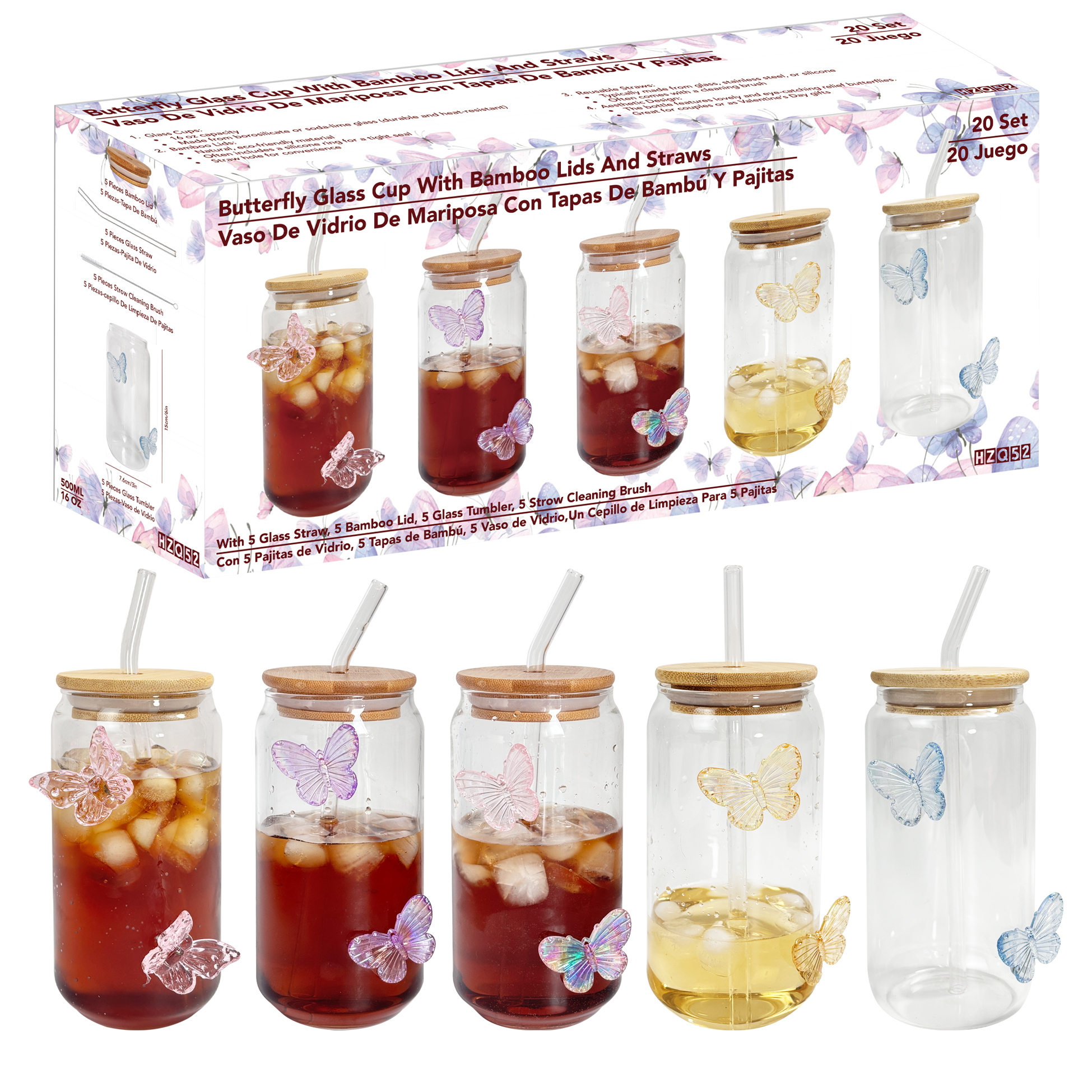 Butterfly Decor Glass Tumbler Set with Bamboo Lids & Straws