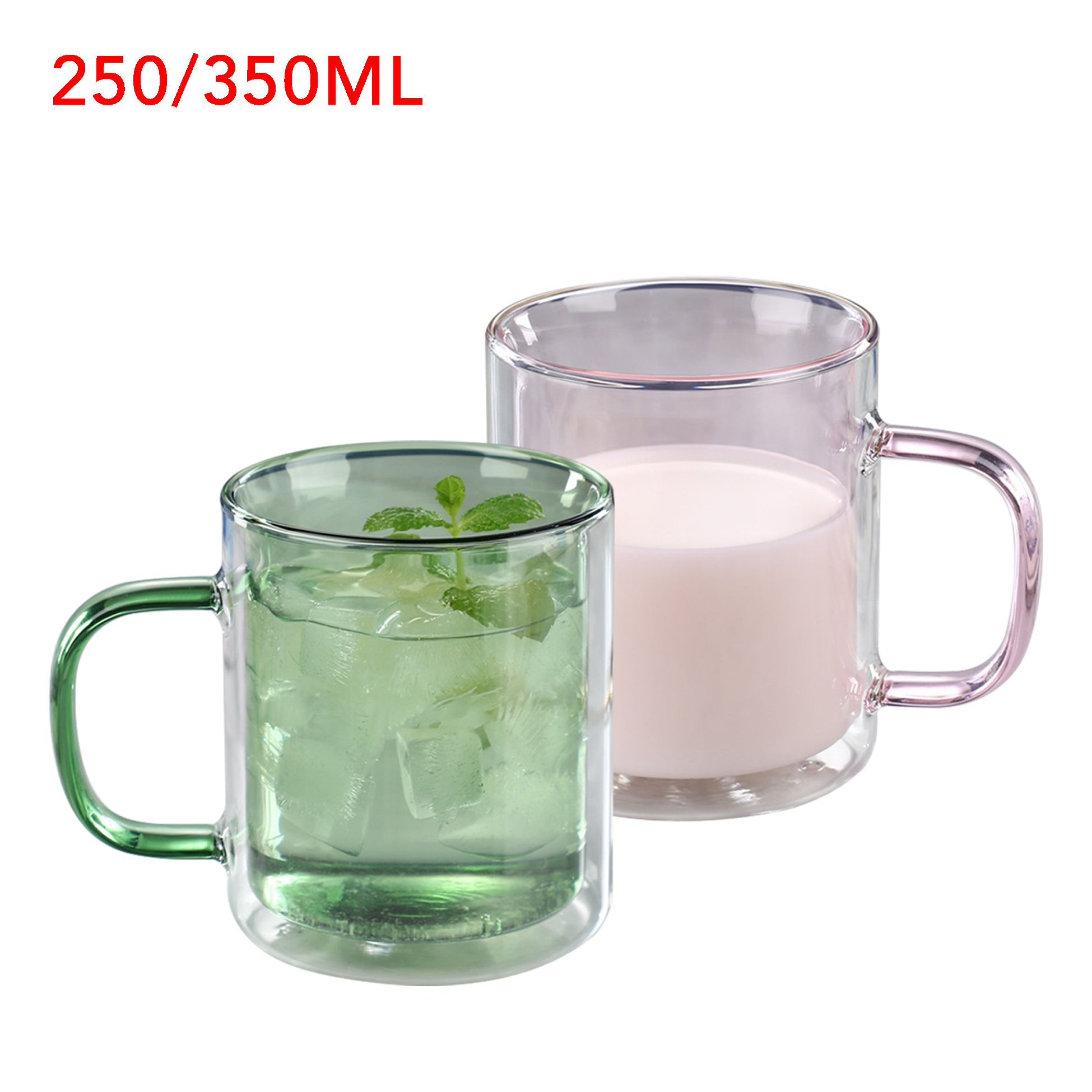 250ml/350ml Double Walled Colored Glass Mug with Handle