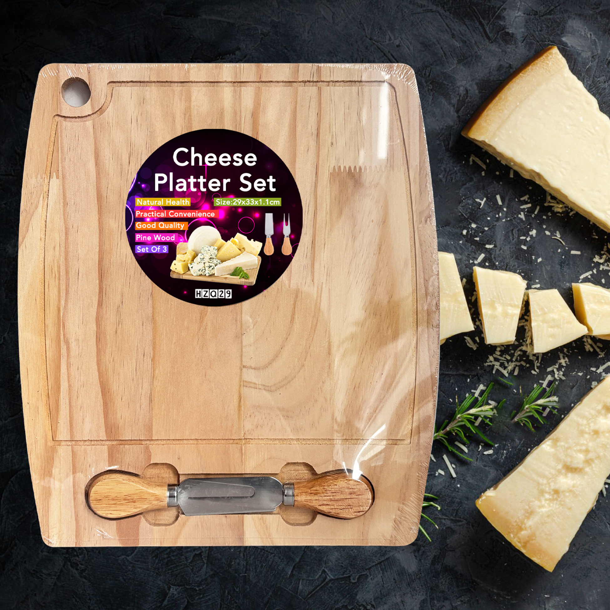 Wooden Cheese Board with Double Handled Tools