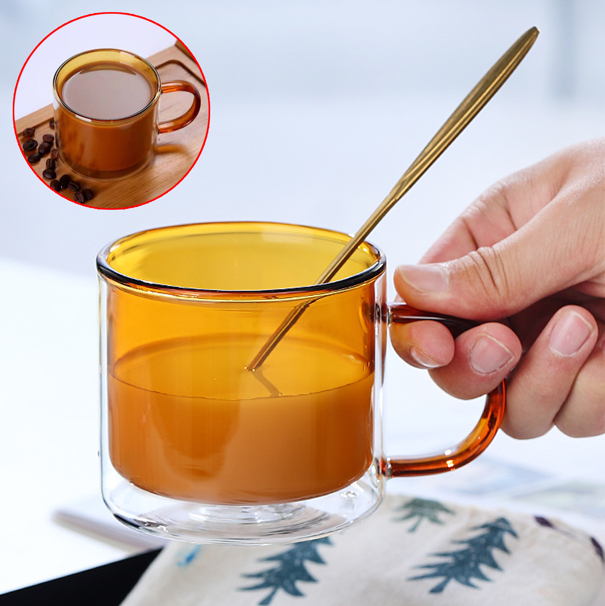 200ml Double Walled Pink tinted Glass Mug with Handle