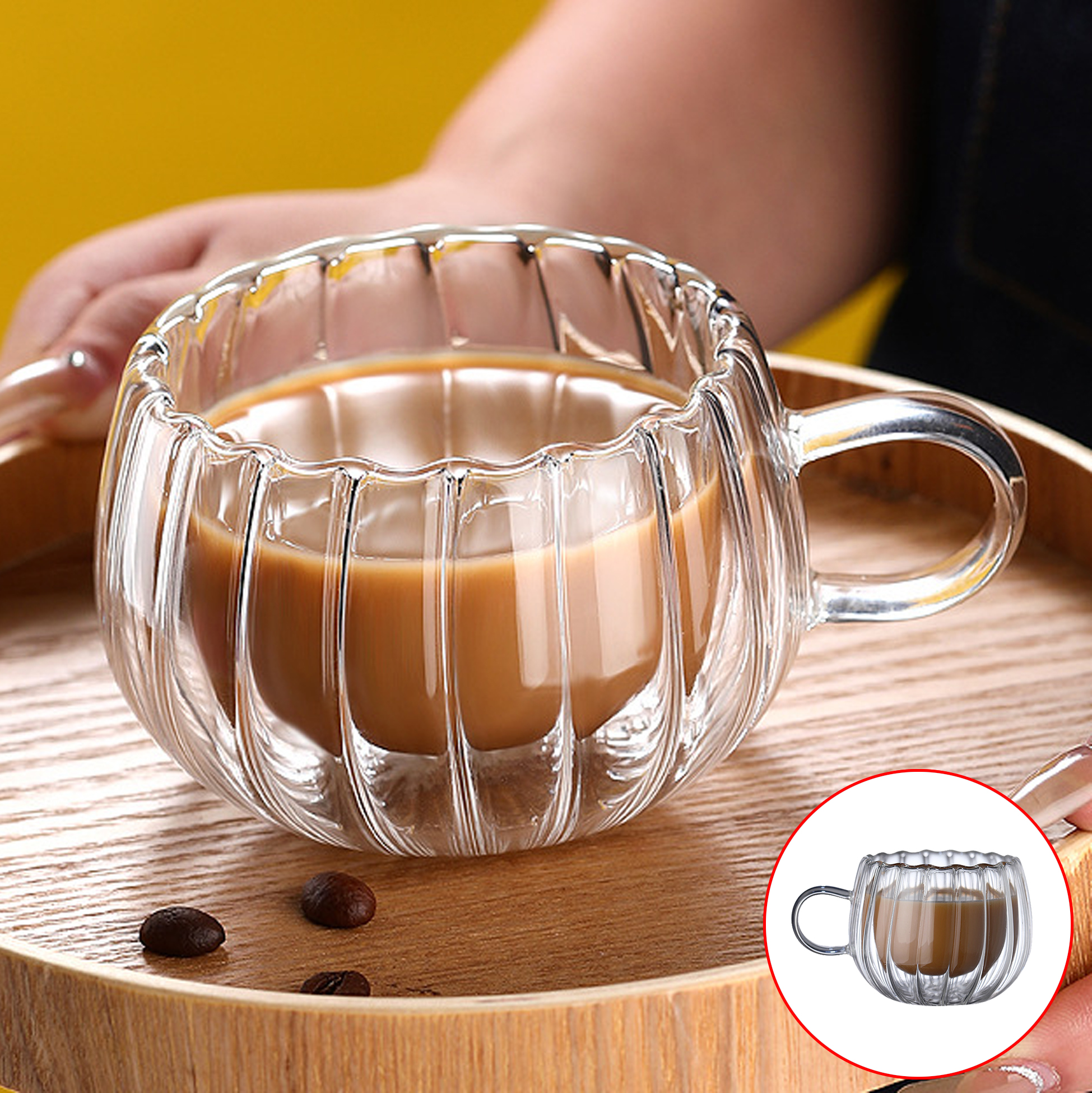 100ml Double Walled Ribbed Glass Coffee Mug with Handle