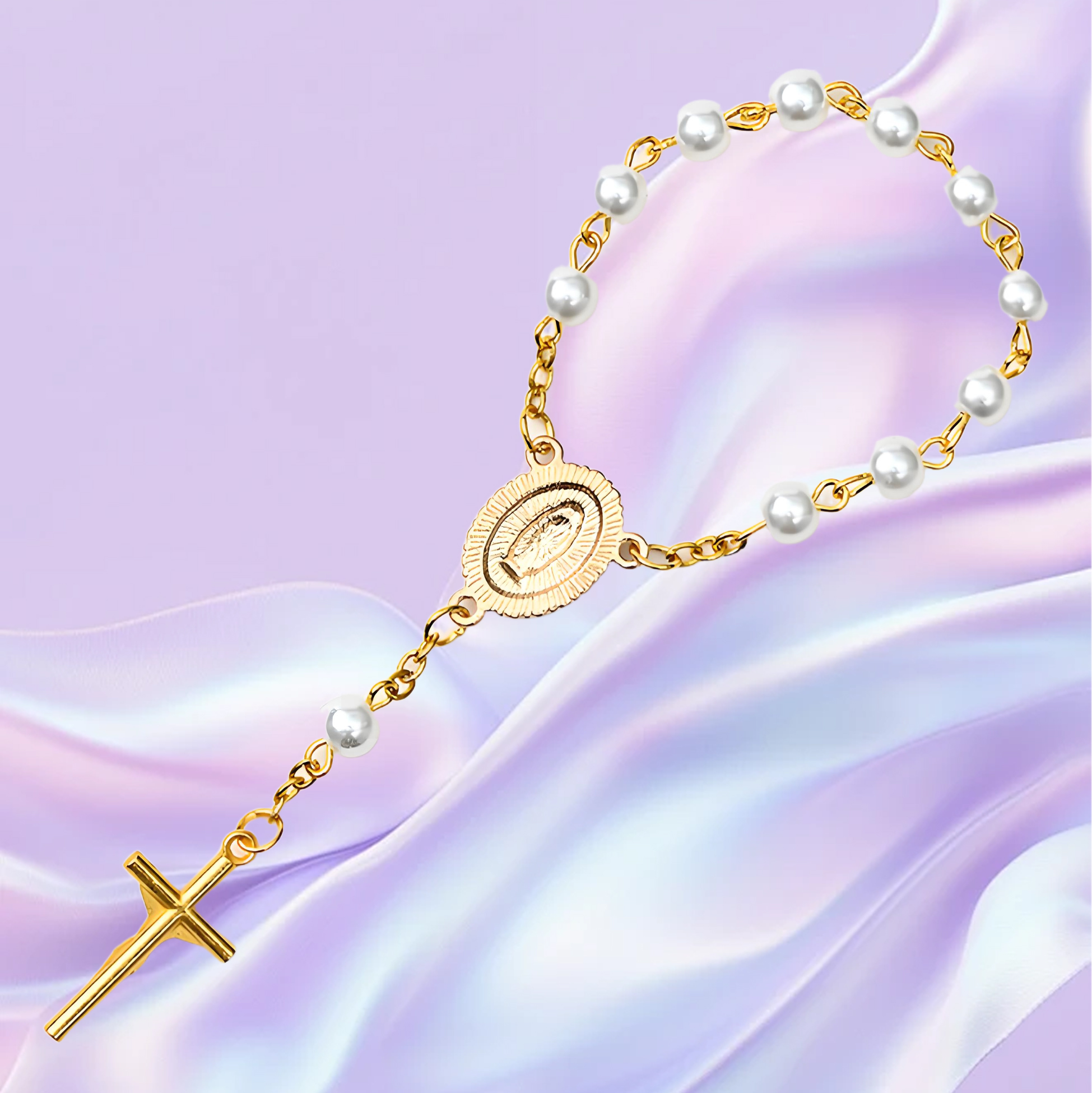 Pearl-Beaded Rosary Bracelet with Virgin Mary & Cross