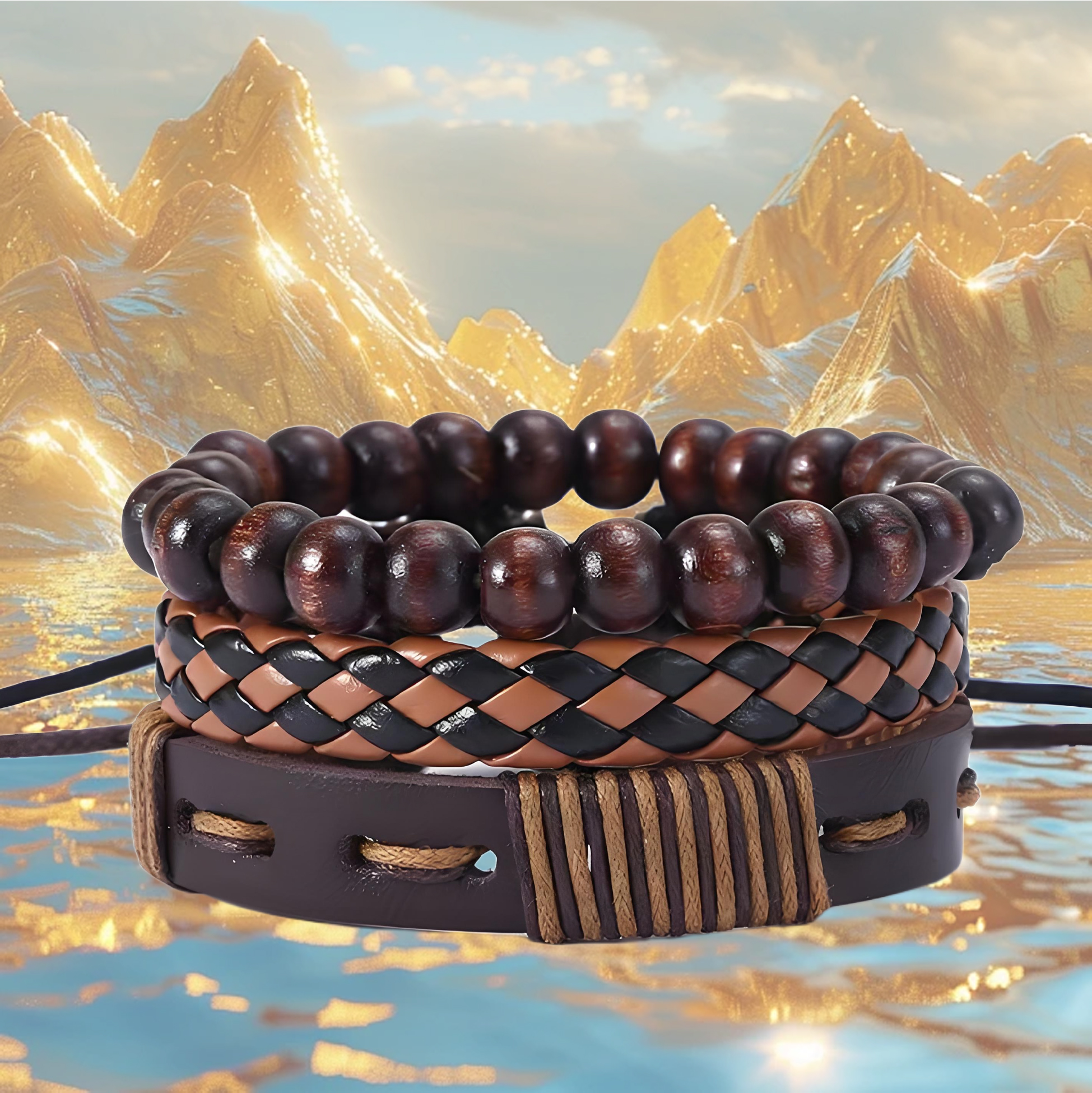 PU & Wood Bead Bracelet Set