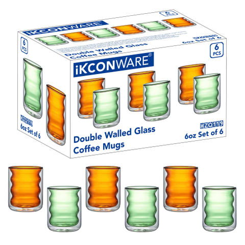 6 Pcs Double Walled Wavy Glass Cup