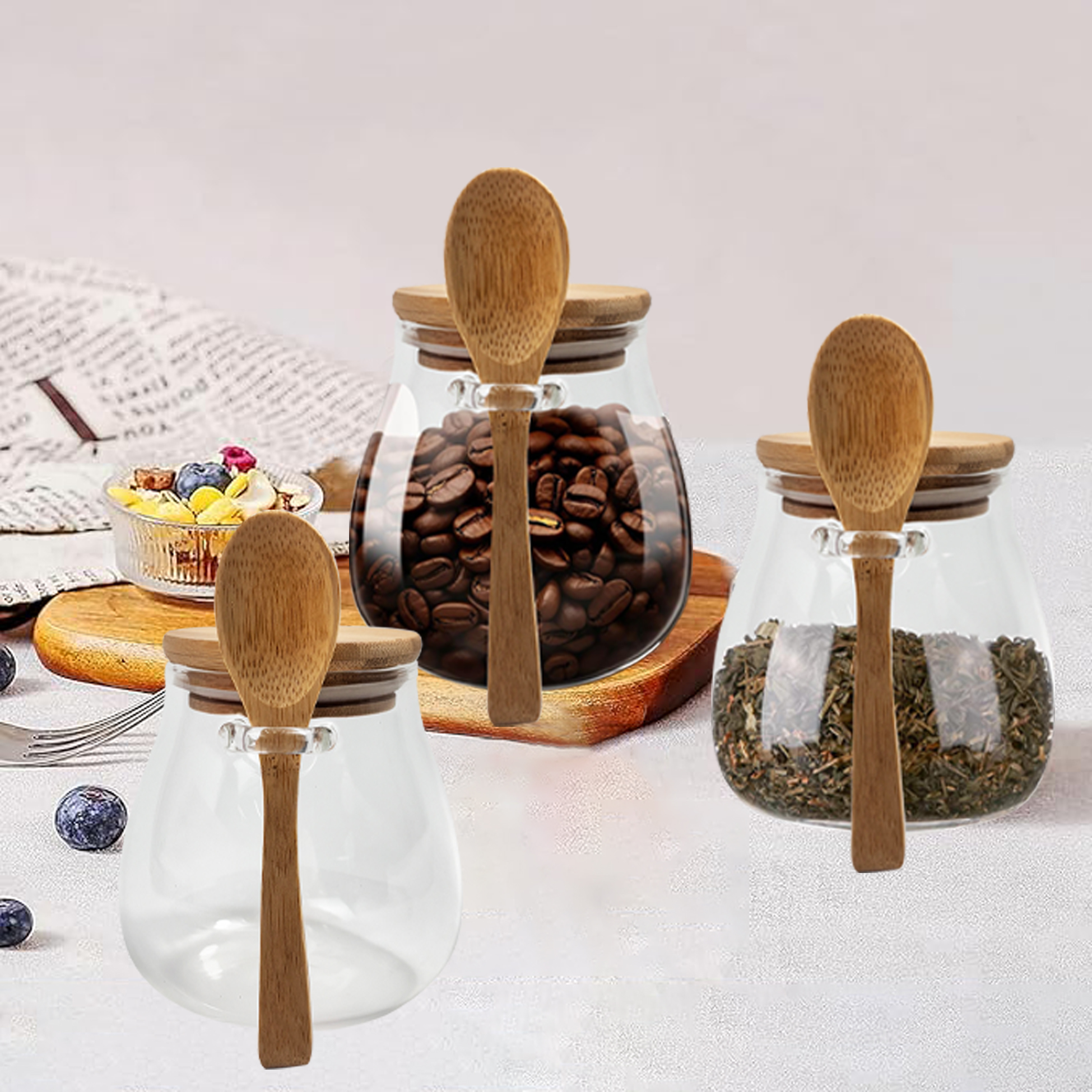 4-piece Glass Kitchen Storage Jars with Bamboo Spoons