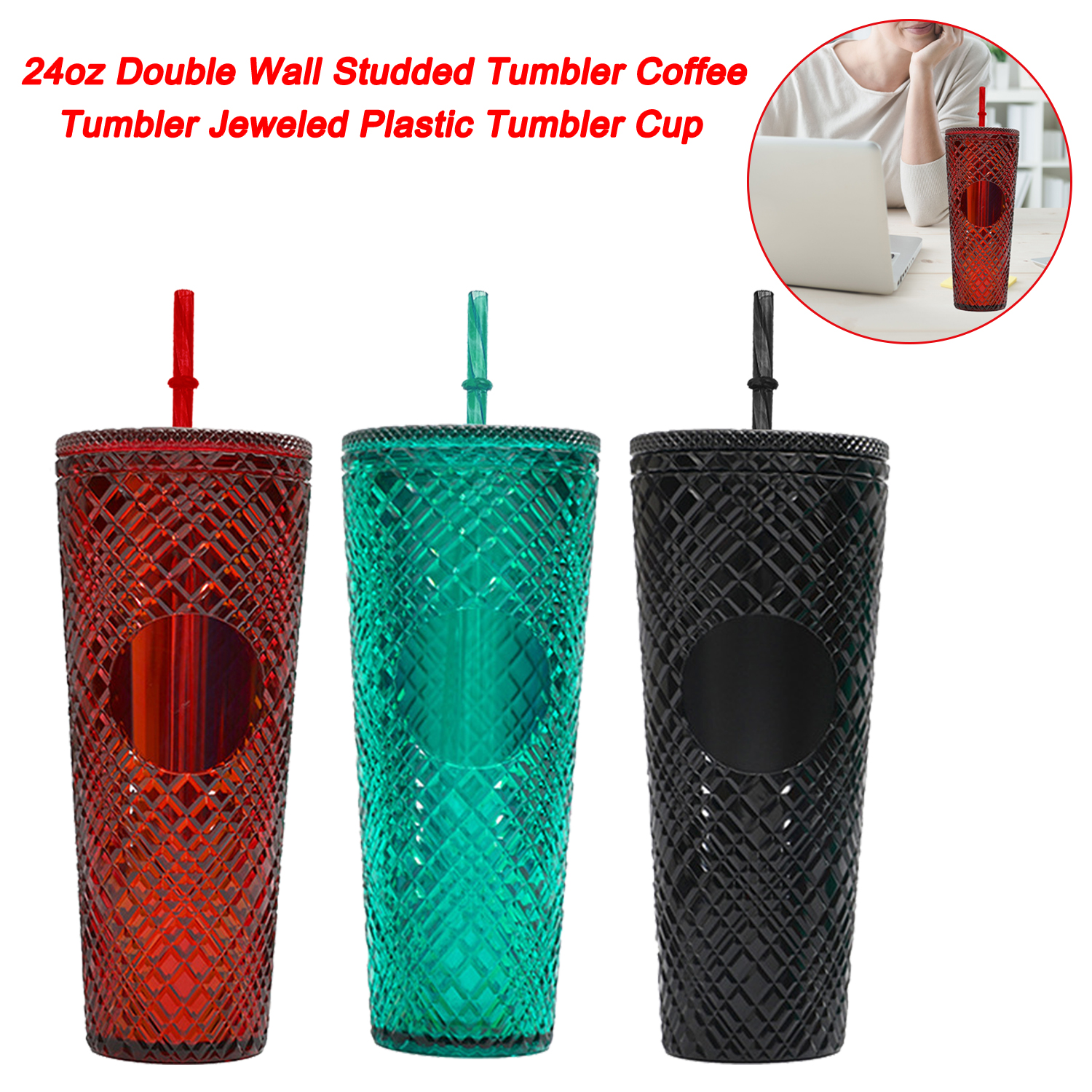 24OZ Double Wall Studded Tumbler Coffee Mug Jewelled Plastic Tumbler Cup