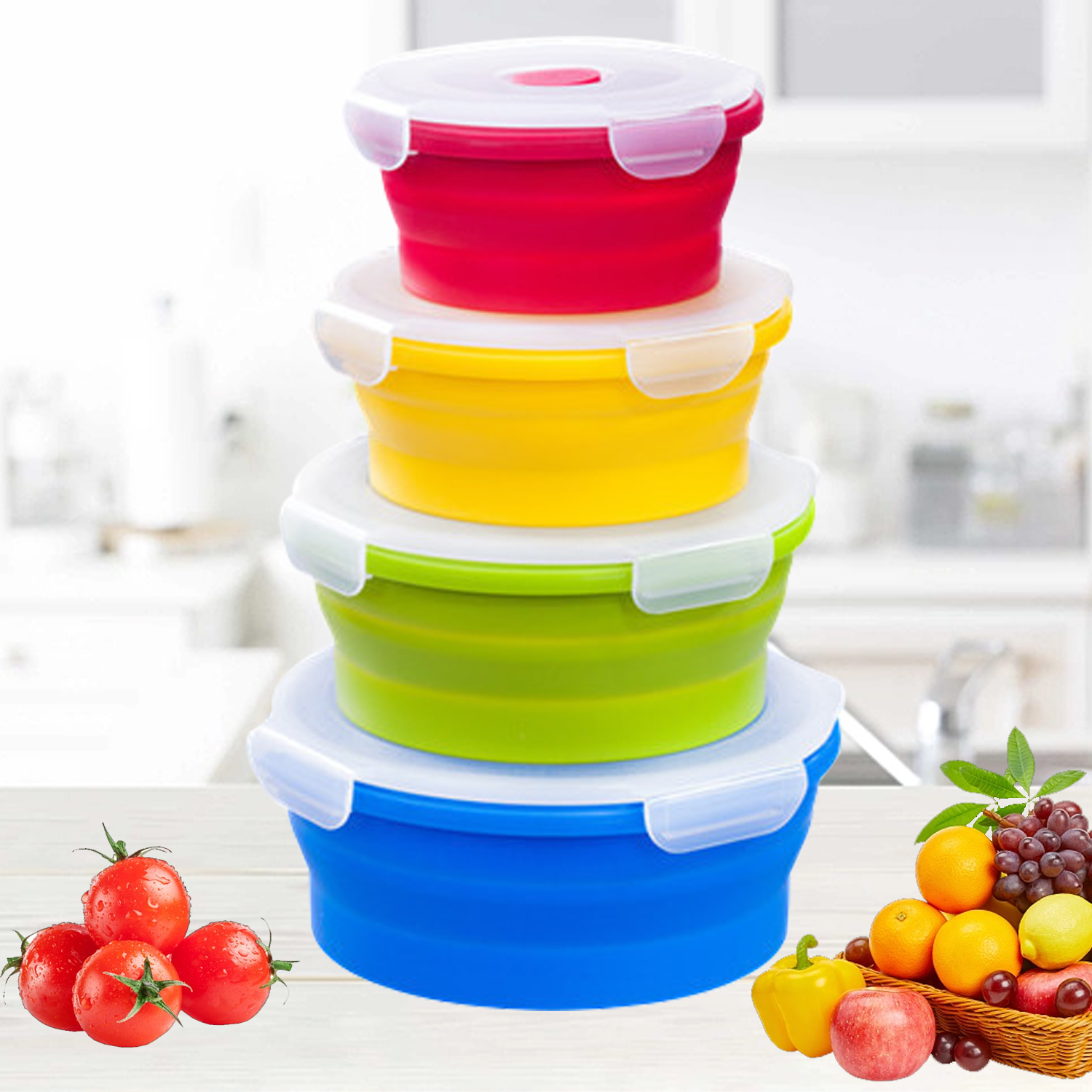 Silicone Folding Lunch Box with Lid 350ML/500ML/800ML/1200ML 4-piece Set Round Silicone Portable Folding Lunch Box