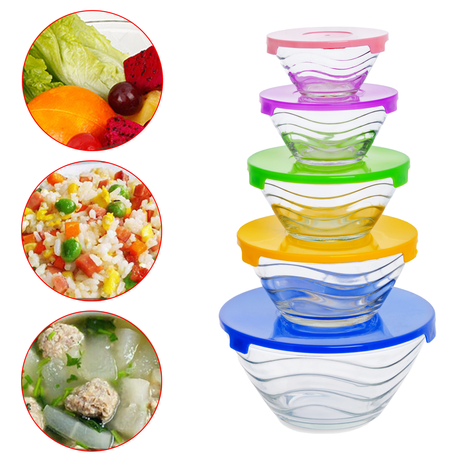 5 Pcs Glass Mixing Bowl Set With Cover Bowl Glass Mixing Bowl Salad Bowl Lunch Box Mask Bowl