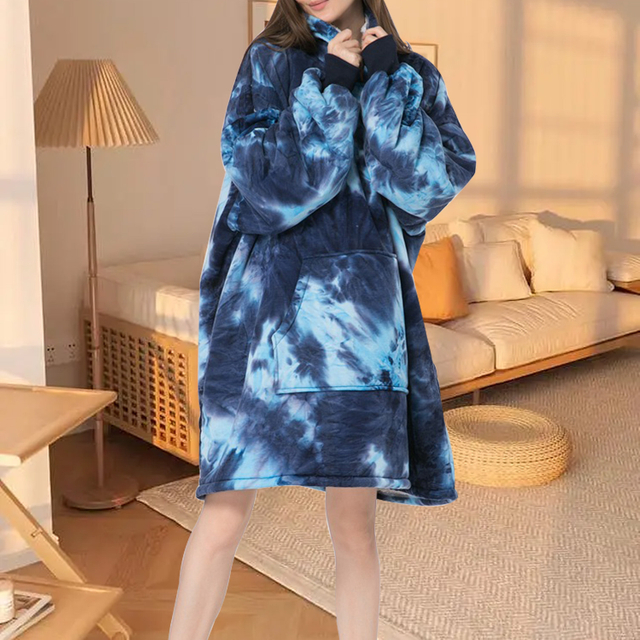 Home Nightwear Pullover TV Blanket with Kangaroo Pocket Flannel Fleece Sleepwear Tie Dye Thickened Nightgown