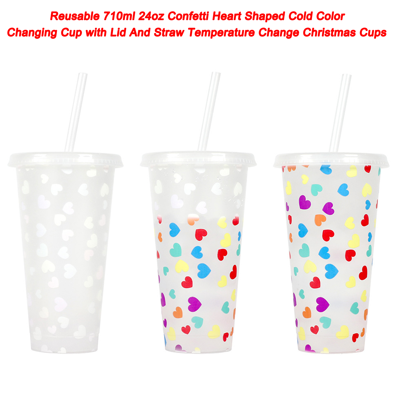 Temperature Change Christmas Cups Reusable 710ml 24oz Confetti Heart Shaped Cold Colour Changing Cup with Lid And Straw