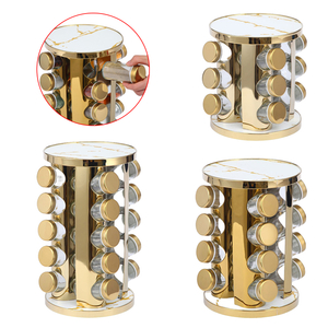 360 Degrees Rotating Spice Jar Rack with 12 / 16 / 20 Pcs Seasoning Jars Revolving Tower Organizer Marble-Grain Stainless Steel for Kitchen Storage Rack