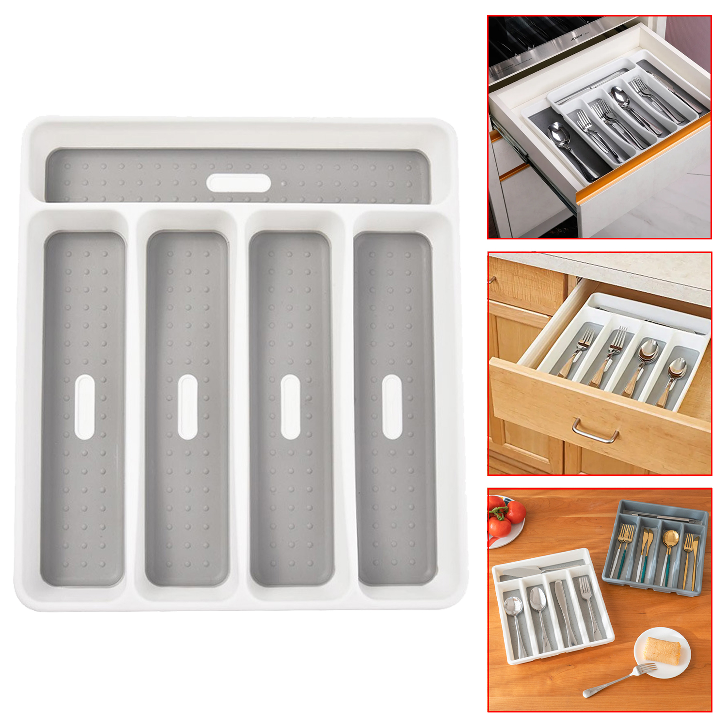 Cutlery Storage Tray Large Silverware Tray 5 Compartments Kitchen Drawer Organizer with Soft-Grip Lining And Non-Slip Rubber Feet