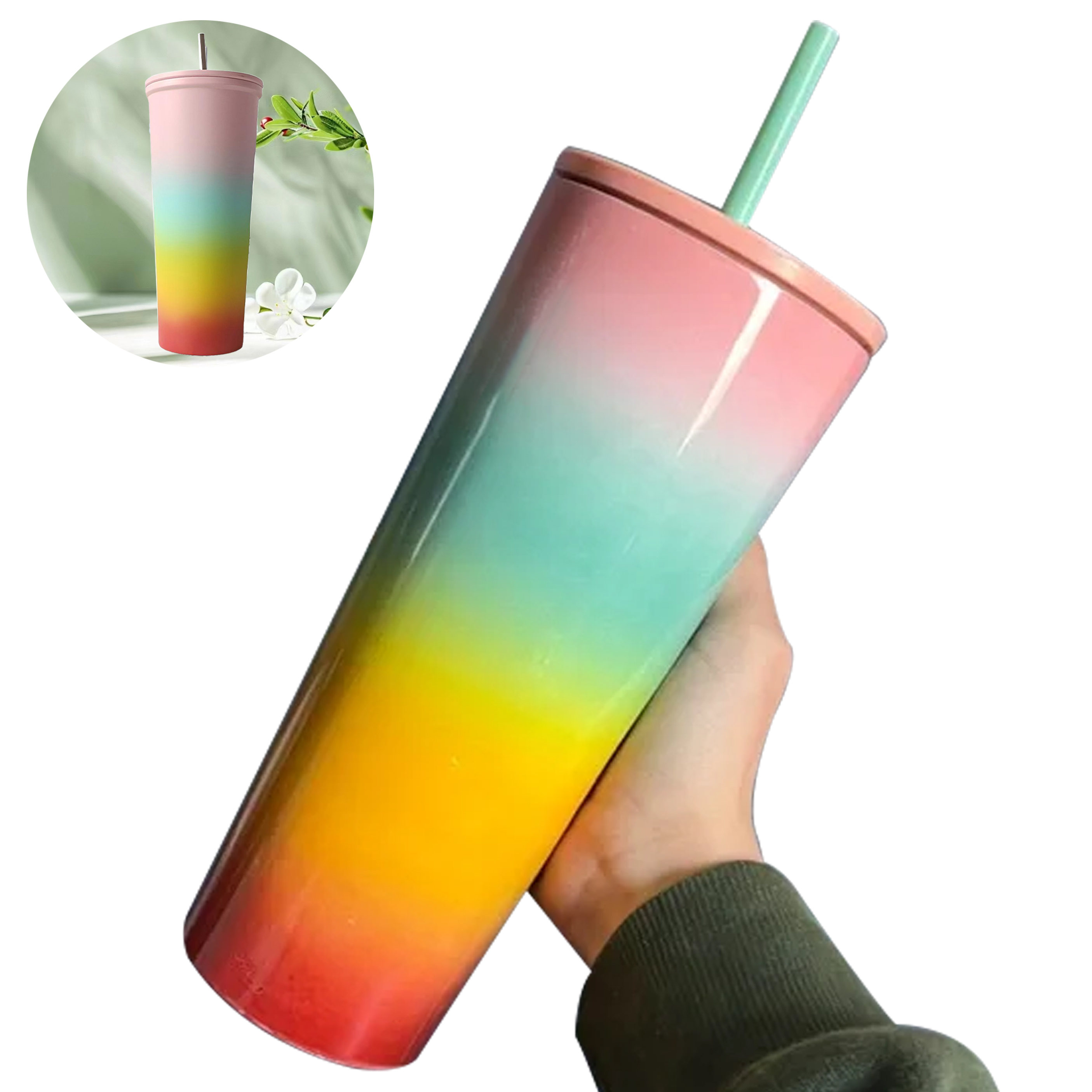 4-Piece Set 750ml Double-Walled Plastic Straw Cup with Gradient Colors
