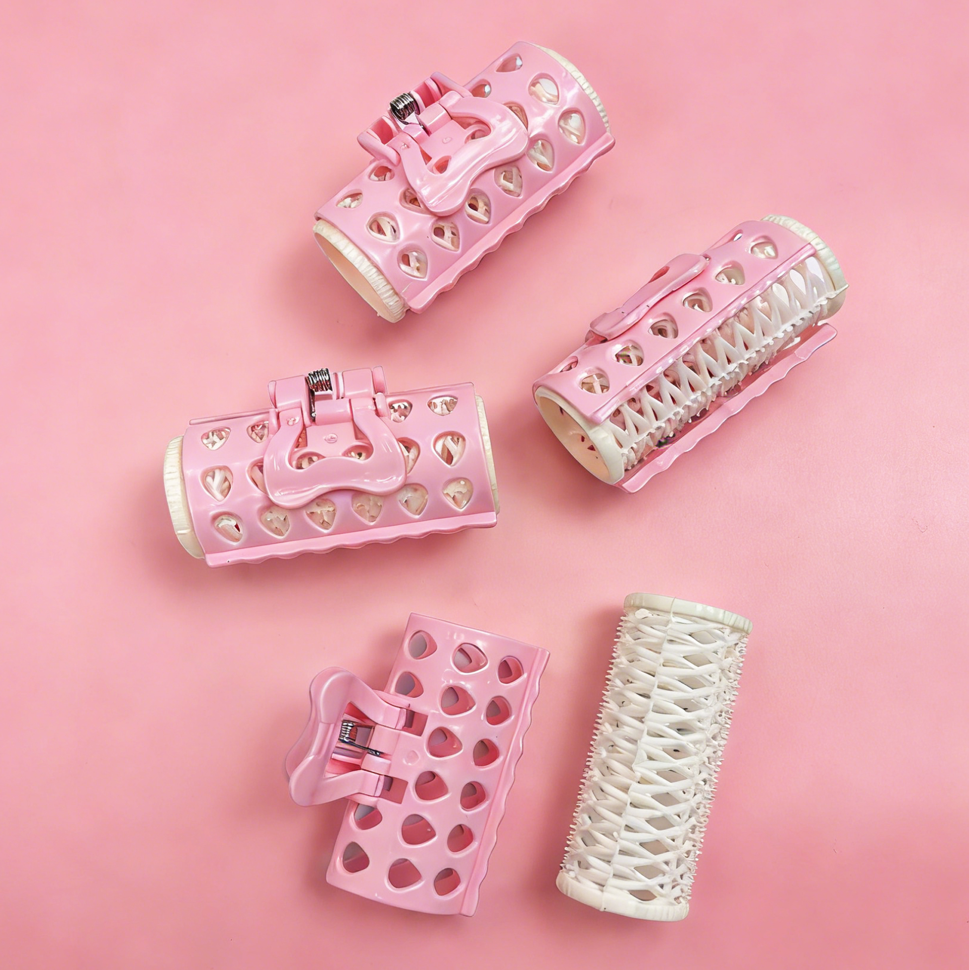 Set of 4 Heart-cutout Pink Hair Rollers Spring-clip Hair Curlers