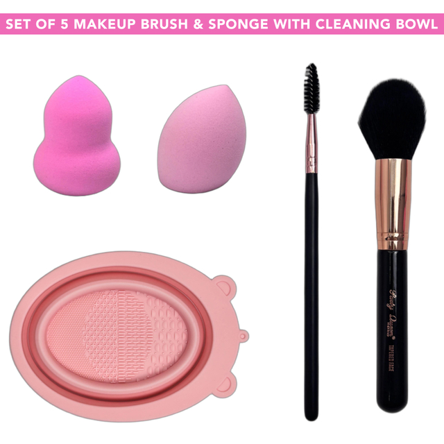 Set of 5 Makeup Brush & Sponge with Cleaning Bowl