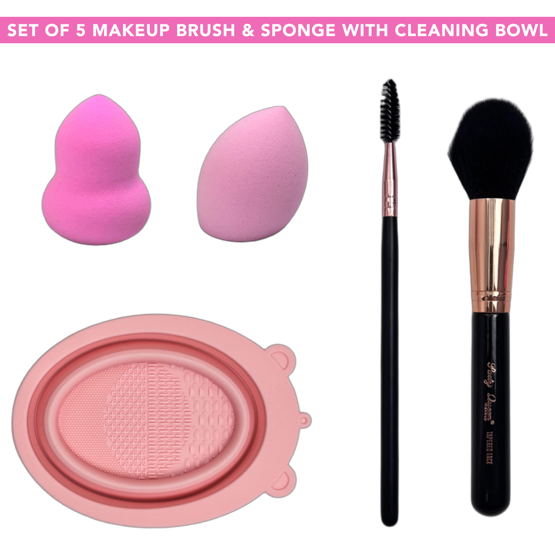 Set of 5 Makeup Brush & Sponge with Cleaning Bowl