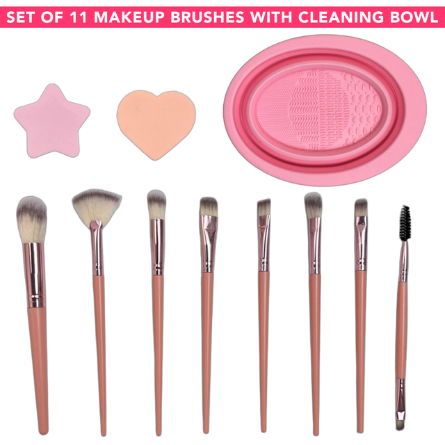 Set of 11 Makeup Brush & Sponge with Cleaning Bowl