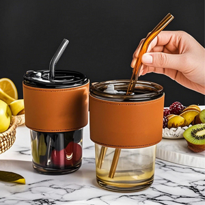 400ML Amber Glass Cup with Leather Sleeve Reusable Glass Tumbler with Straw
