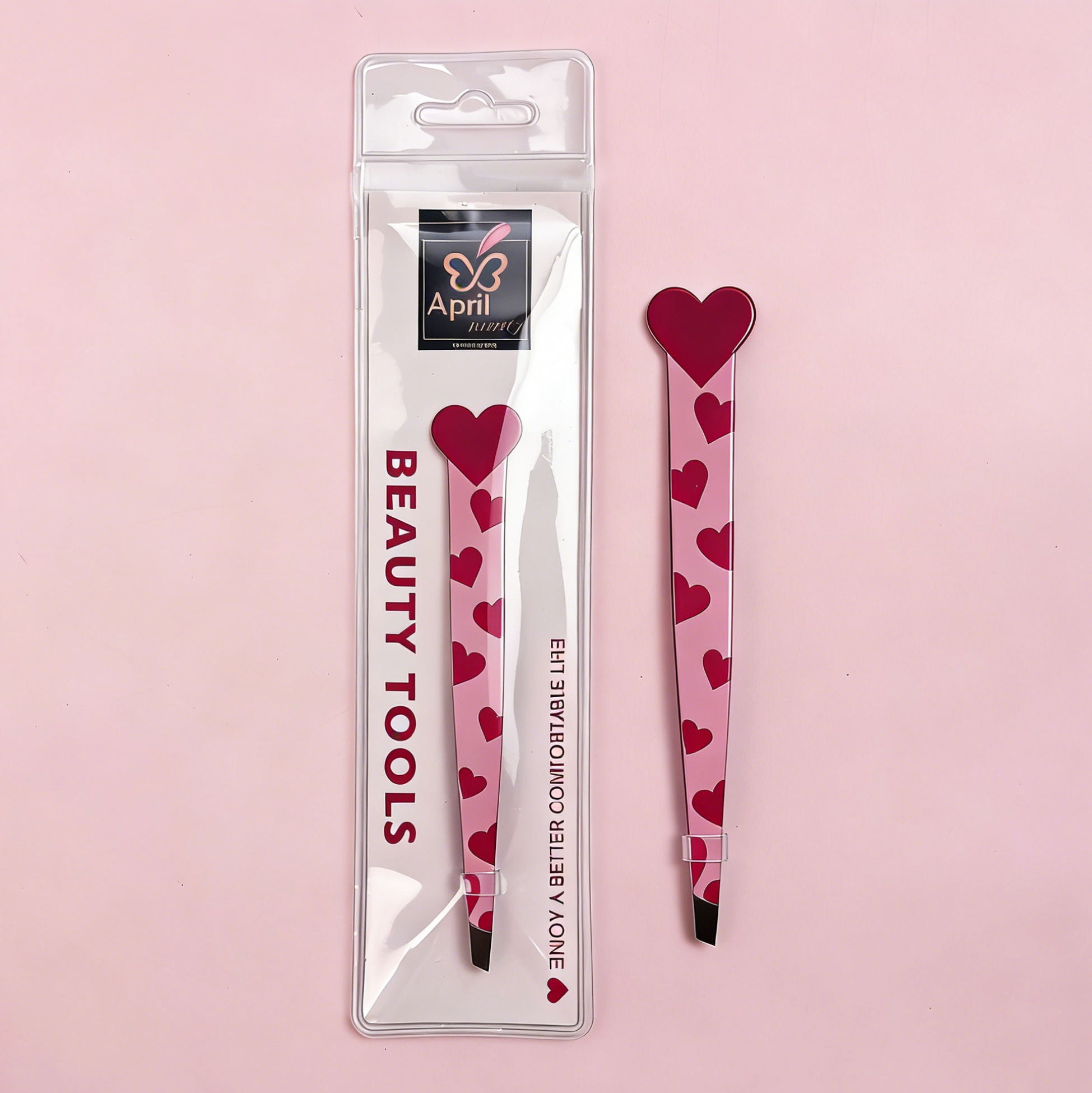 Heart Pattern Slant Tweezer Pink Eyebrow Tweezer