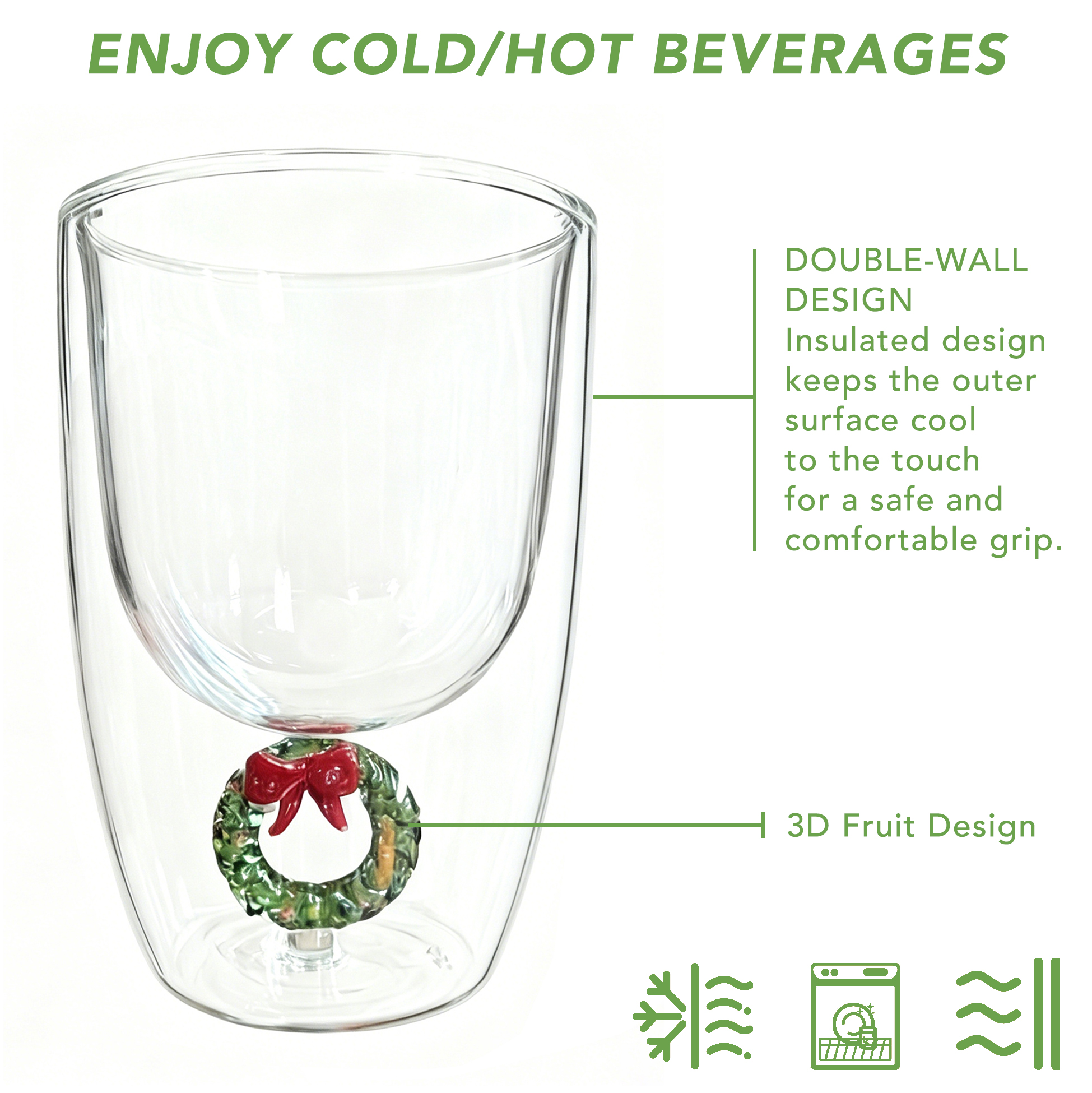Set of 2 300ml Christmas Wreath Double Wall Glass Cup