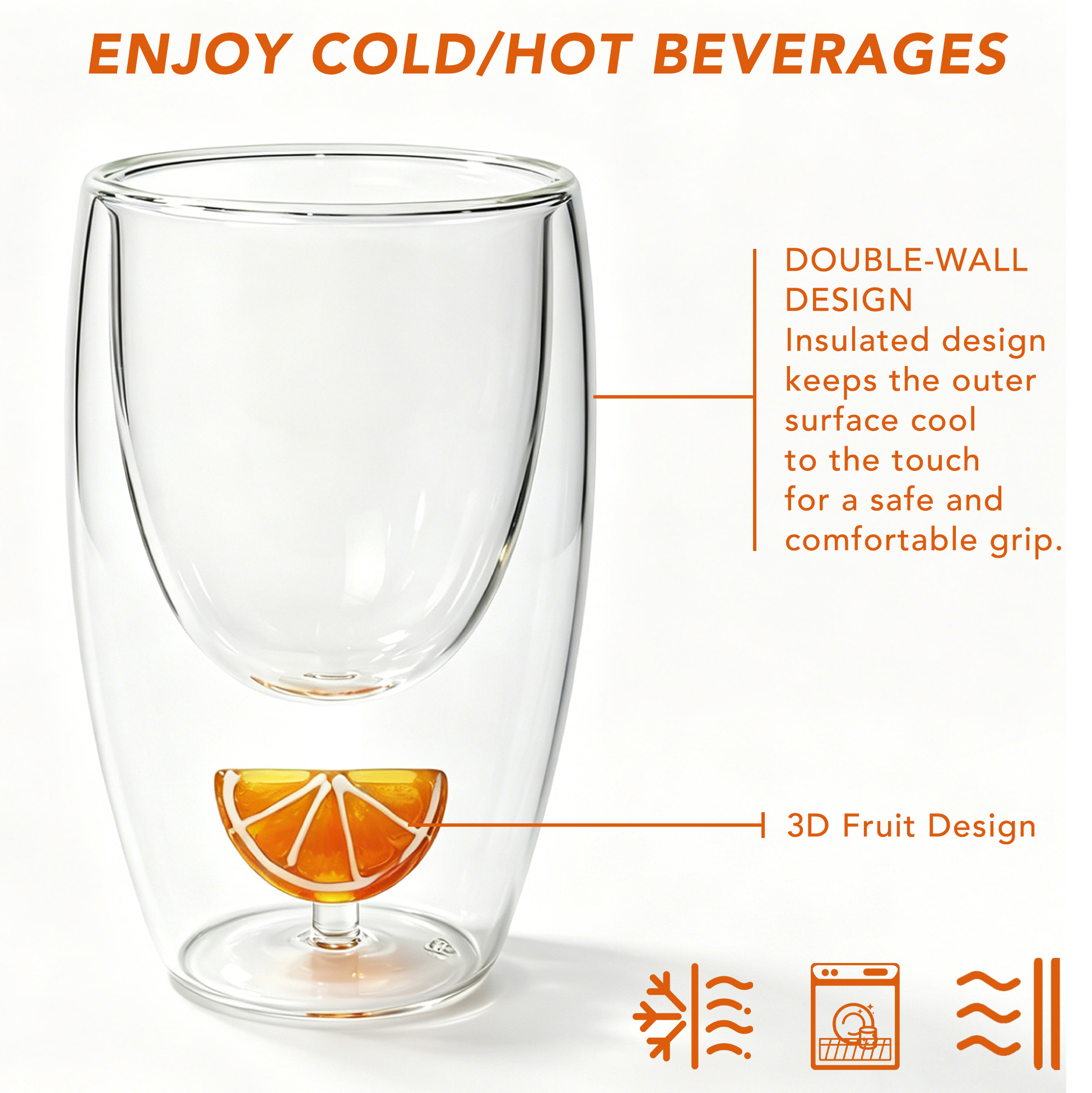Set of 2 300ml Orange Slice Double Wall Glass Cup