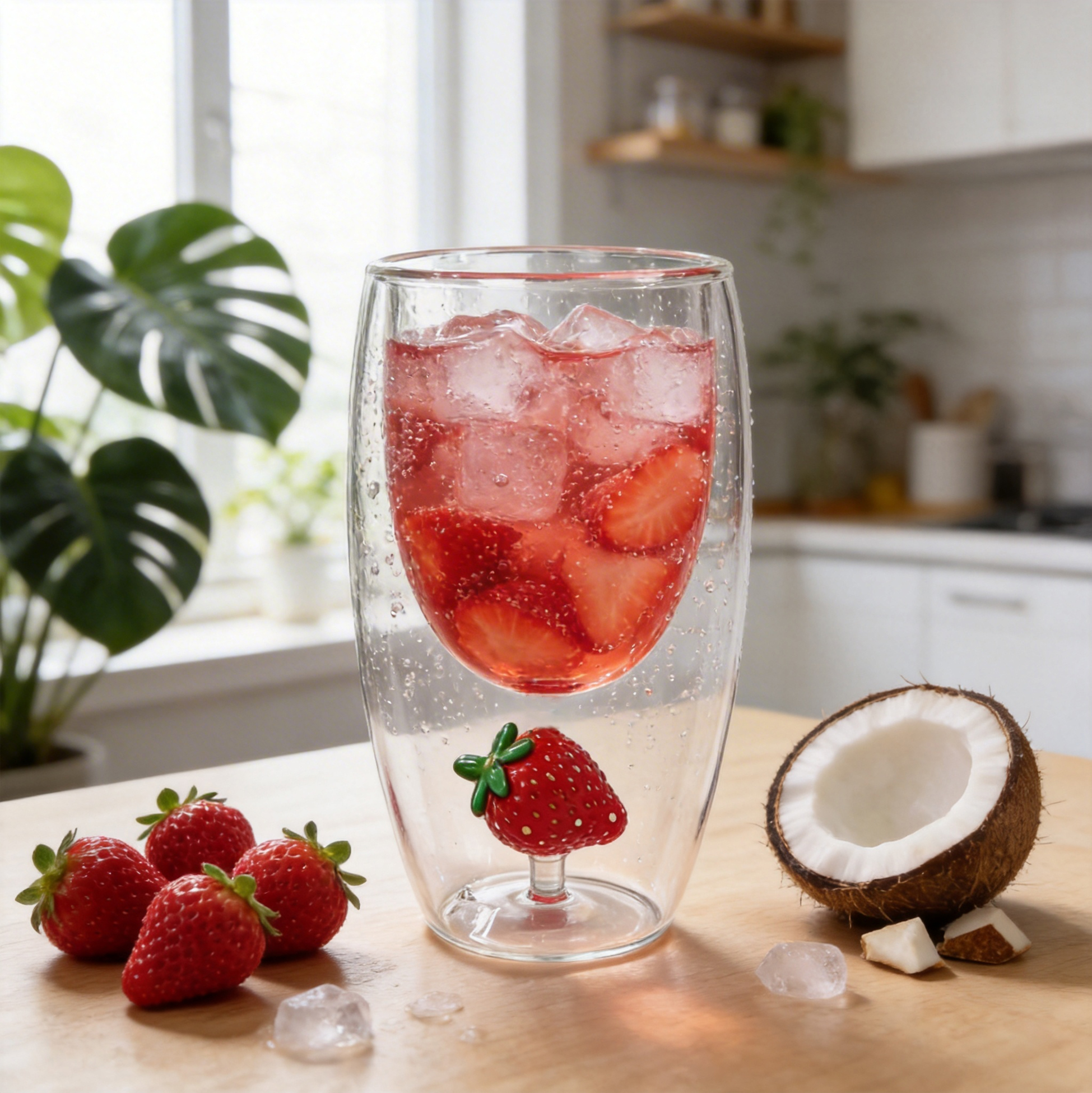 Set of 2 300ml Strawberry Double Wall Glass Cups