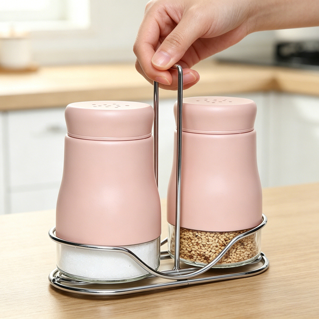 Pink Salt And Pepper Shakers Set with Metal Stand