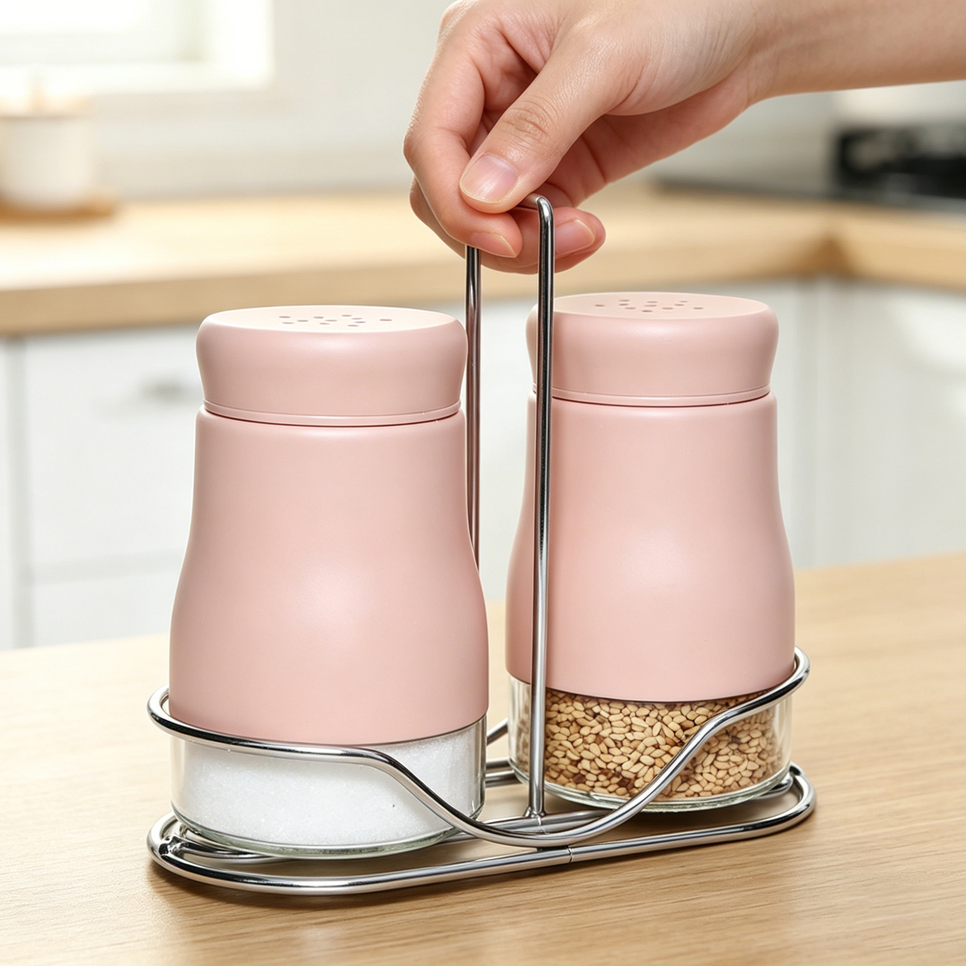 Pink Salt And Pepper Shakers Set with Metal Stand