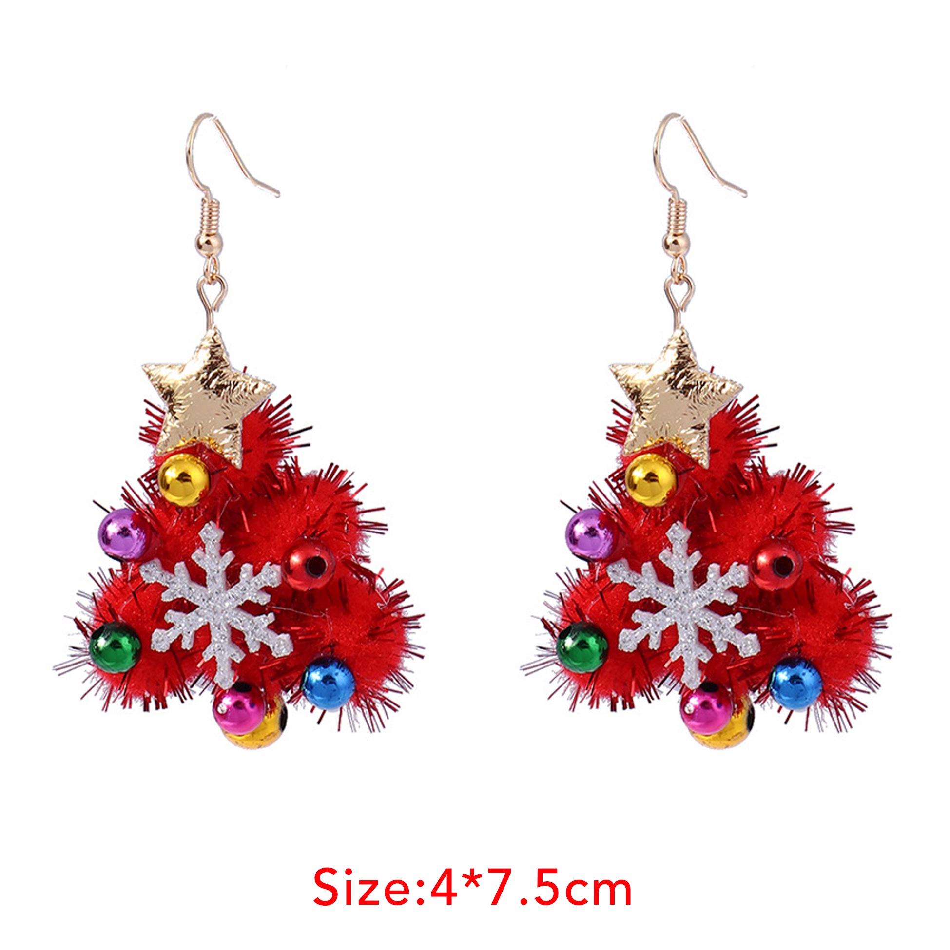 Red Fluffy Pom Pom Christmas Tree Earrings with Star Snowflake and Bells