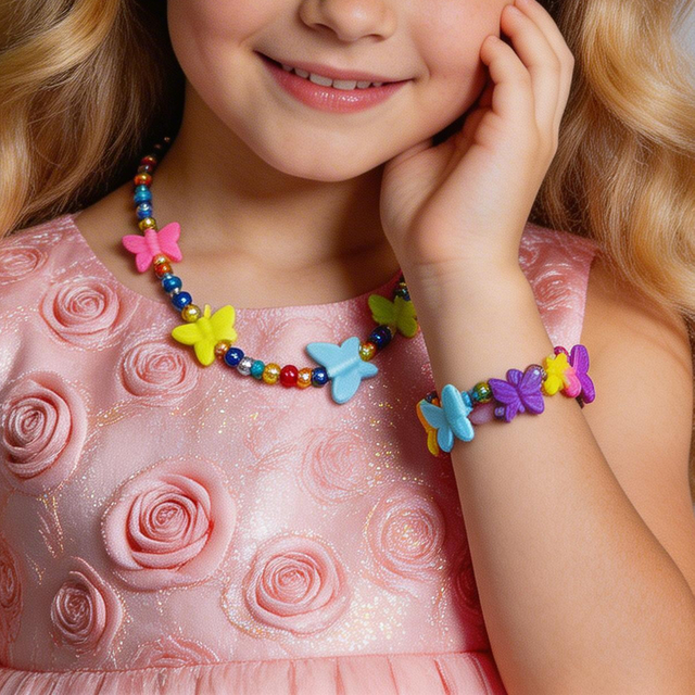 Kids Colorful Butterfly Beaded Necklace And Bracelet Set