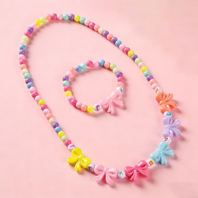 Kids Colorful Bow Beaded Necklace And Bracelet Set