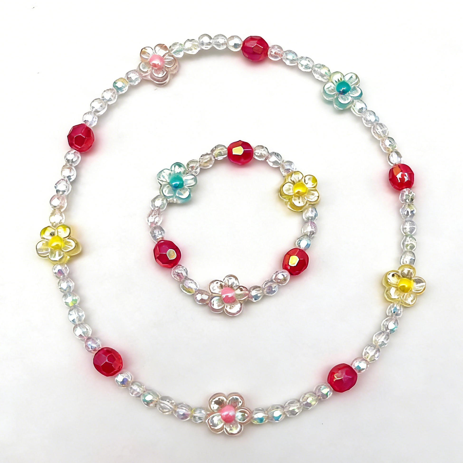 Kids Iridescent Flower Beaded Necklace And Bracelet Set