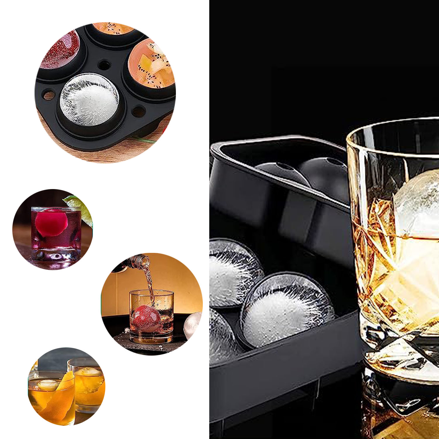 6 Balls Square Spherical Whiskey Ice Cubes Molded Silicone Ice Tray for Whiskey Ice and Cocktails, Food Grade Silicone, Reusable and BPA-Free