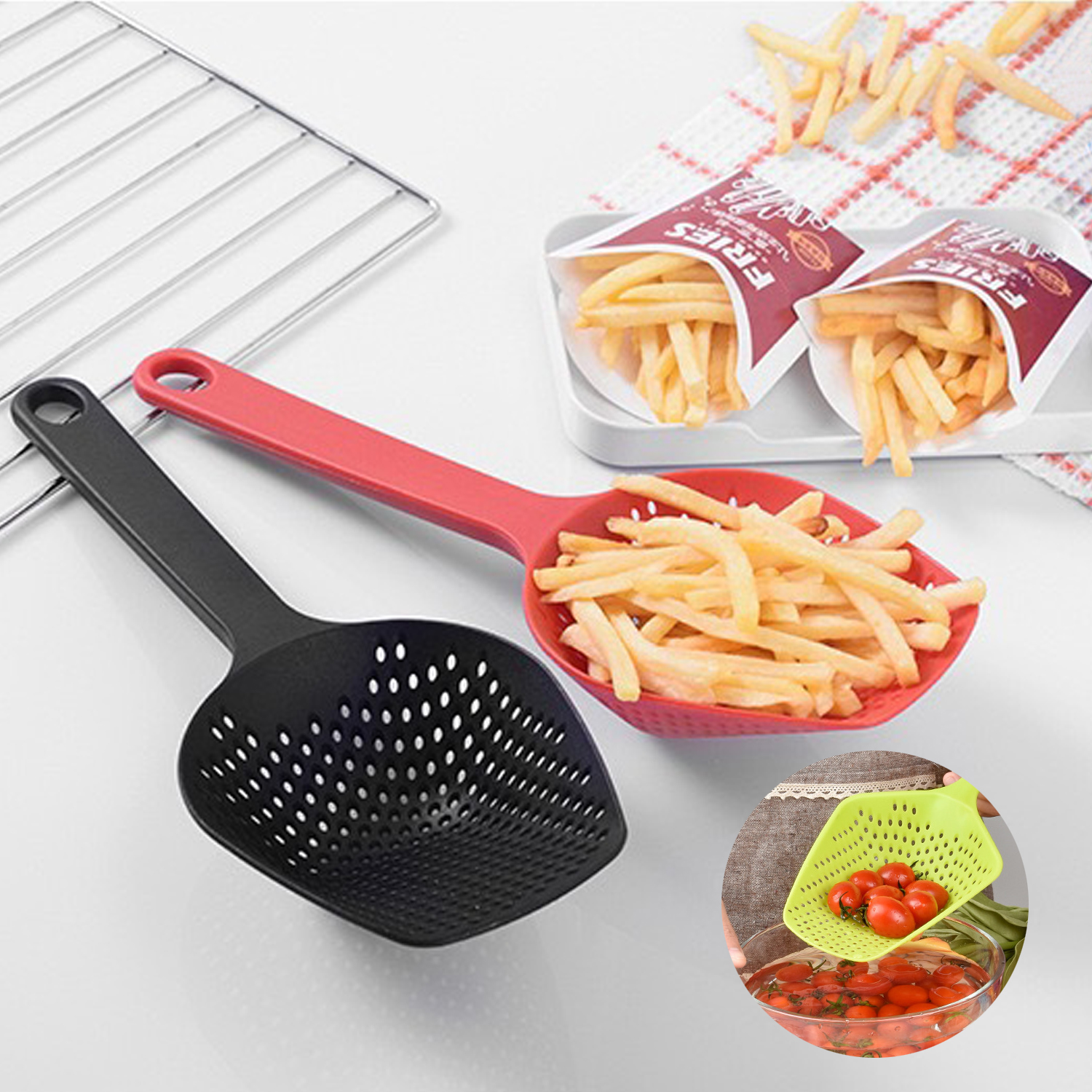 Portable Soup Spoon Strainer Nylon Kitchen Colourful Ladle Anti-scald Skimmer Fry Food Mesh Handy Filter Colanders Kitchen Tools