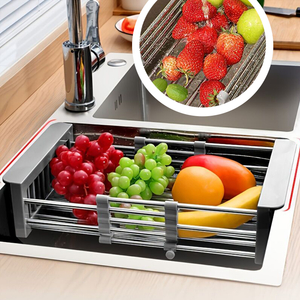 Telescopic Drain Basket with Adjustable Armrest Kitchen Rack Drain Basket Over The Sink Dish Drying Rack Retractable Stainless Steel Sink Strainer Drain