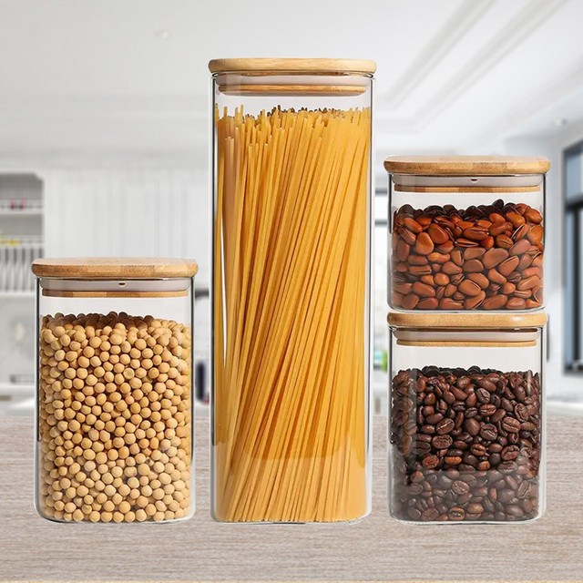 Square Transparent Glass Sealed Storage Jar Bamboo Lid Kitchen Seasoning Storage Container Milk Powder Coffee Bean Candy Jar Art Decoration