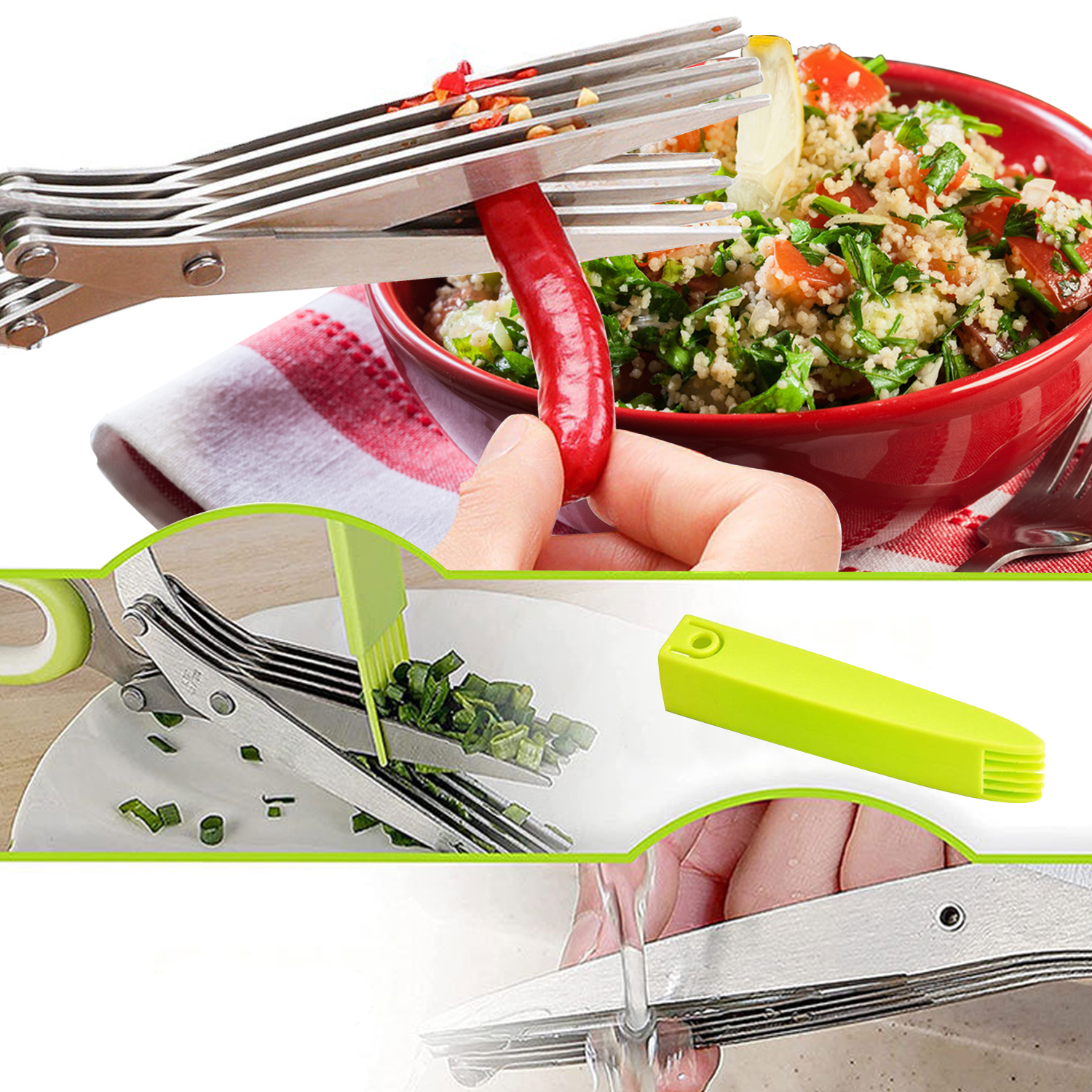 5 Blade Kitchen Salad Scissors, Herb Scissors, Muti Layers Stainless Steel Vegetable Cutting Tool, Kitchen Cutting Scissors with Safety Cover