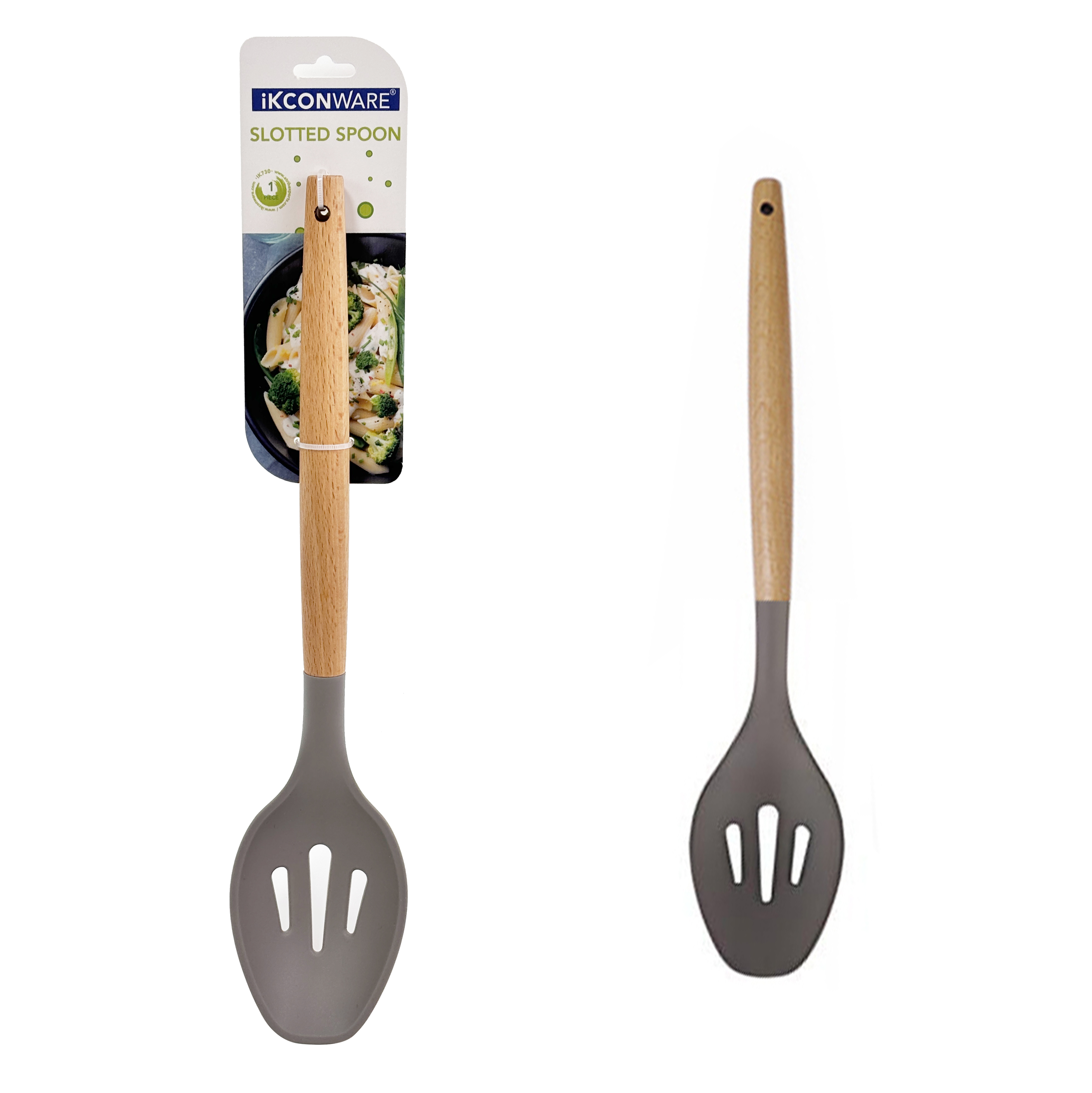 Wooden Handle Silicone Slotted Straining Spoon