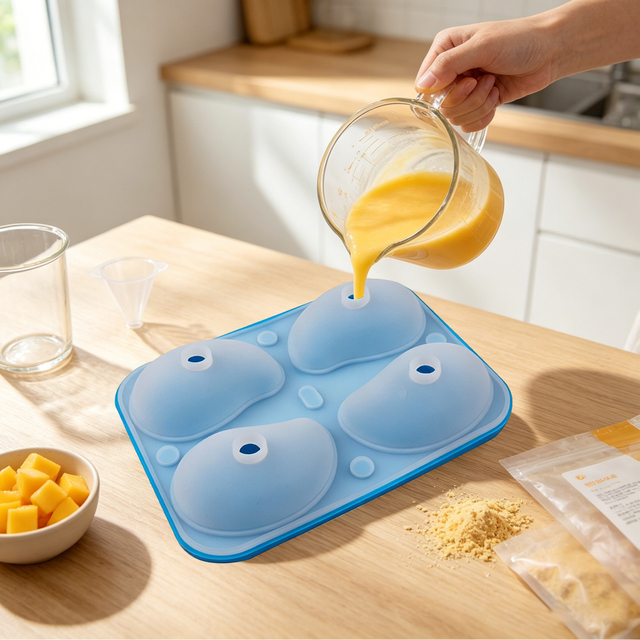 4 Cavity Mango Shaped Silicone Mold with Lid, Food Grade Non-Stick Ice Cube Tray