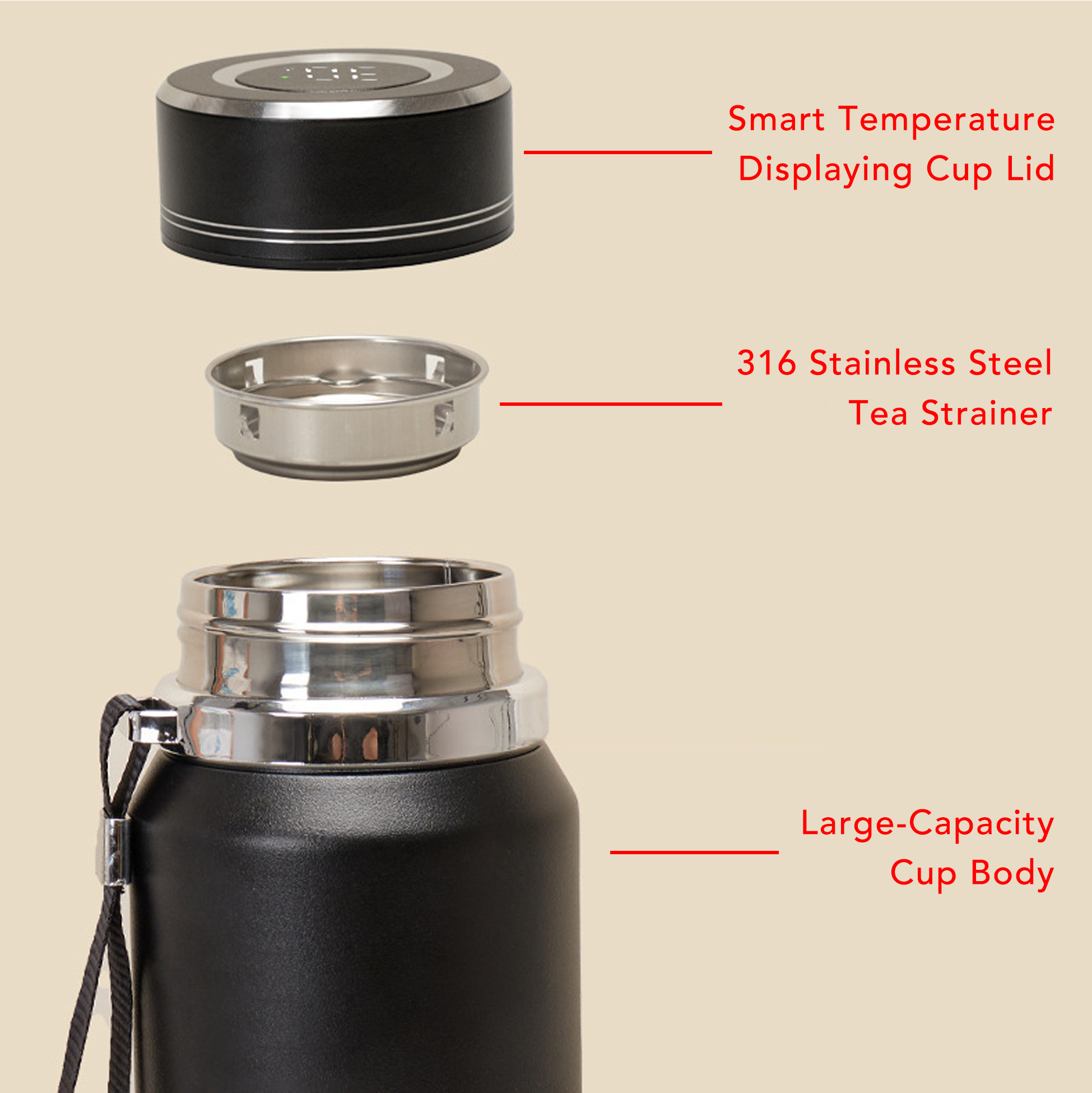 800ml Smart Temp Display Insulated Water Bottle with Tea Strainer