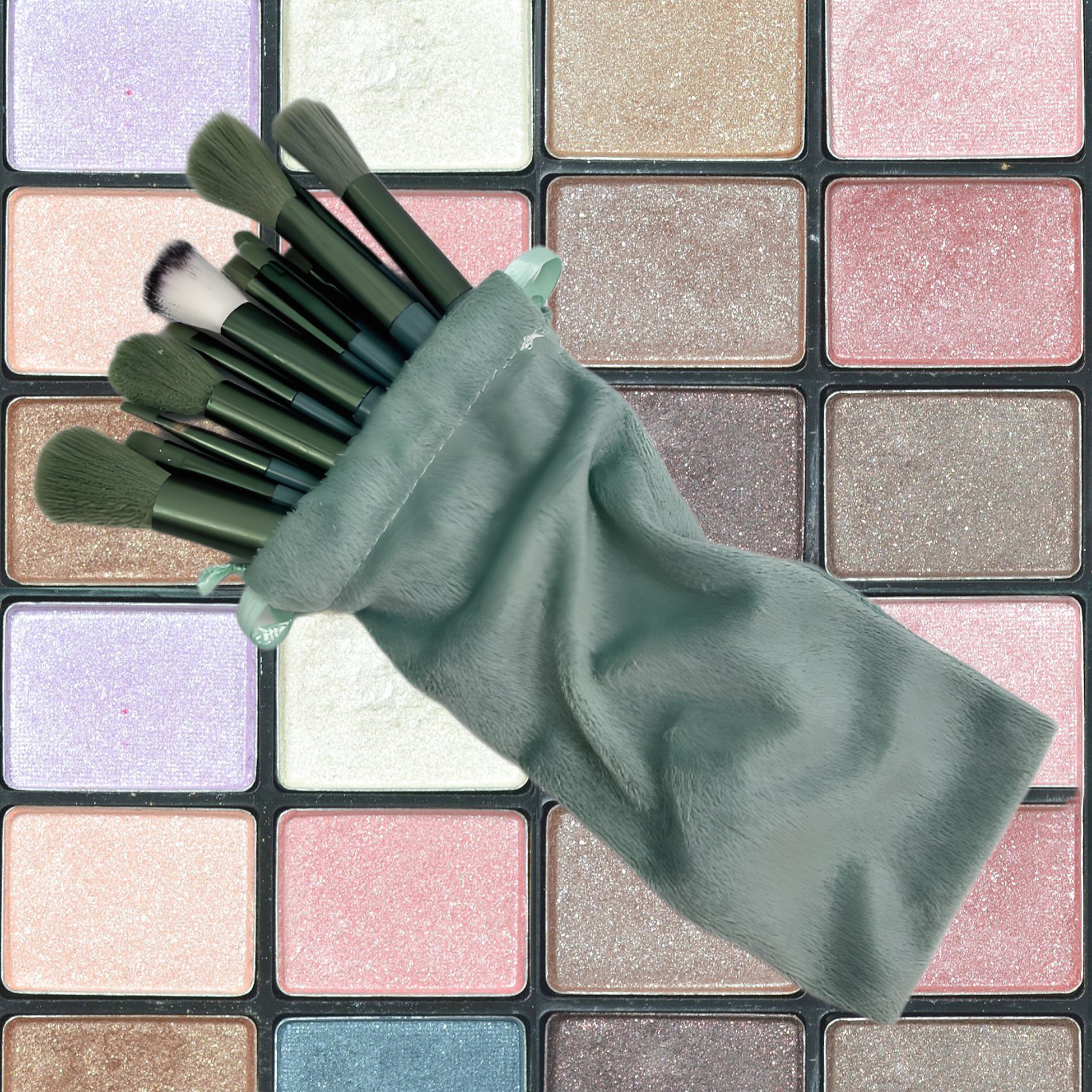 13 Piece Green Makeup Brush Set with Pouch