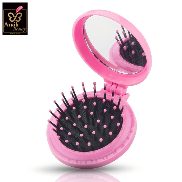  Pink Compact Hairbrush with Mirror 