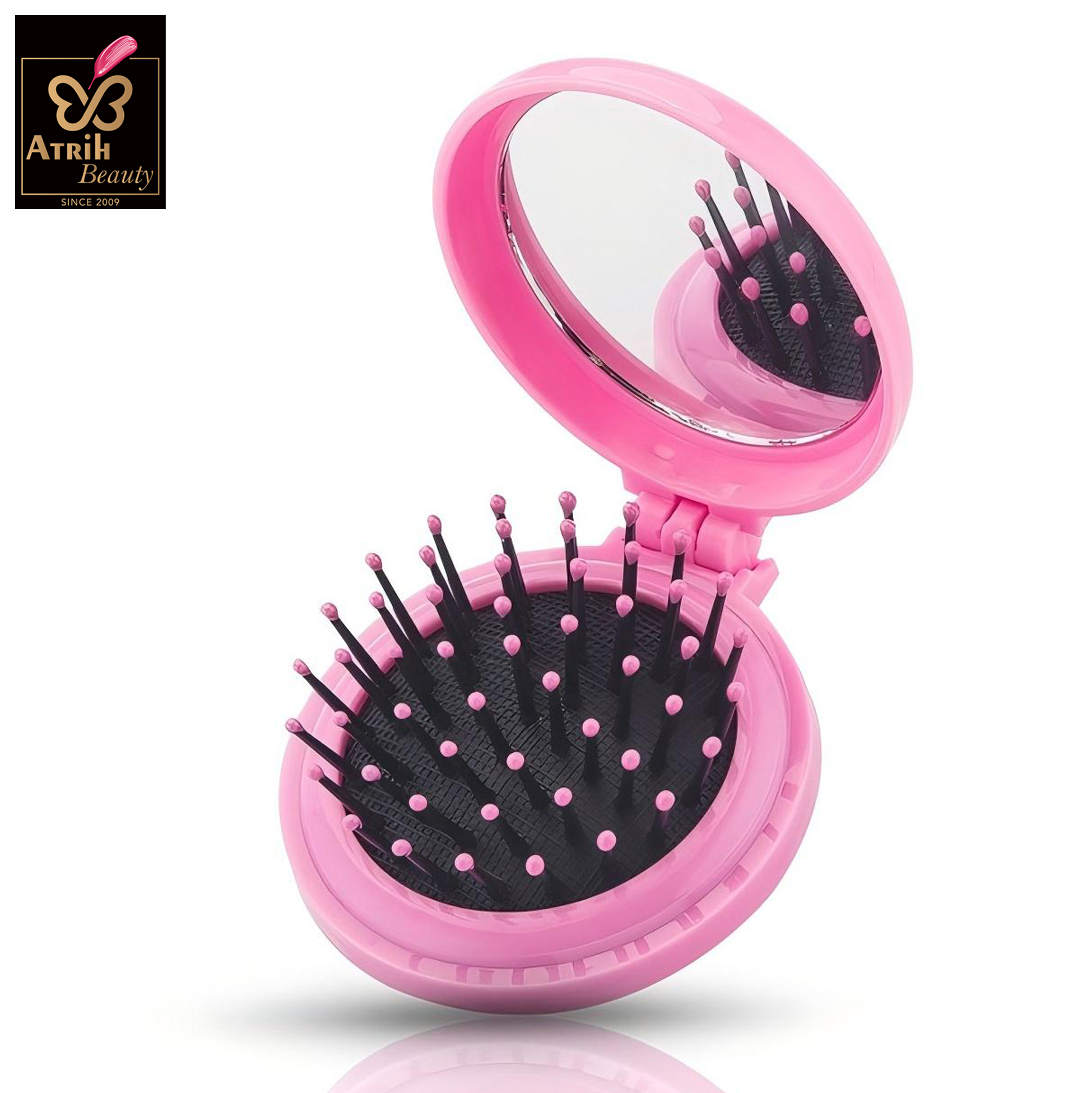  Pink Compact Hairbrush with Mirror 